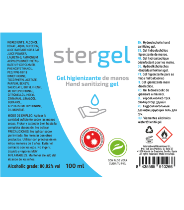 STERGEL GEL HIDROALCOHOLICO HIGIENIZANTE DE MANOS ALOE VERA 100ML