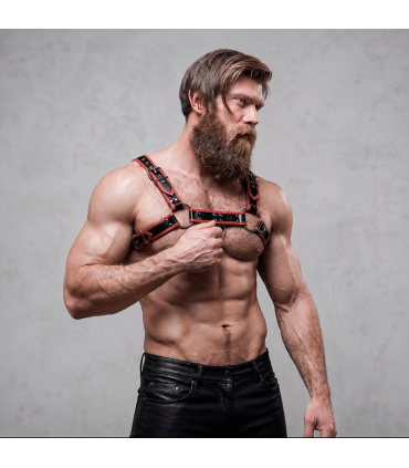 FETISH SUBMISSIVE ATTITUDE MENS ECO LEATHER CHEST HARNESS BLACK RED