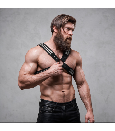 FETISH SUBMISSIVE ATTITUDE MENS CROSSED CHEST ECO LEATHER HARNESS WITH RIVETS