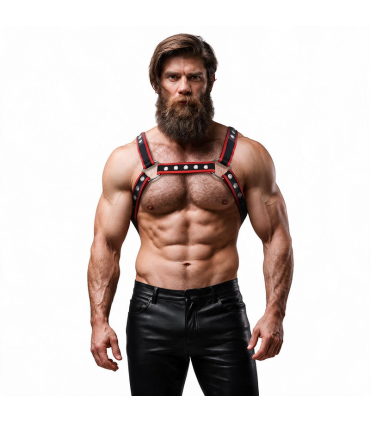 FETISH SUBMISSIVE ATTITUDE MENS ECO LEATHER CHEST BULLDOG HARNESS BLACK RED