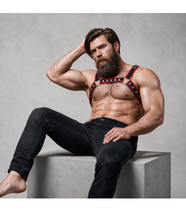FETISH SUBMISSIVE ATTITUDE MENS ECO LEATHER CHEST BULLDOG HARNESS BLACK RED