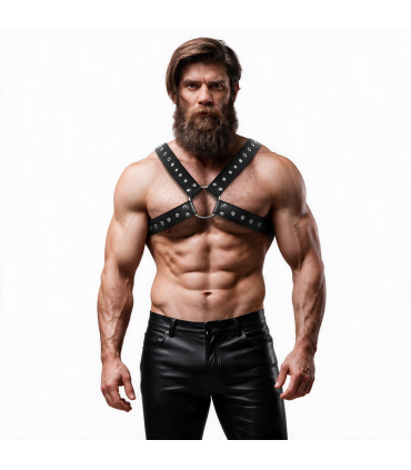 FETISH SUBMISSIVE ATTITUDE MENS CROSS OVER ECO LEATHER CHEST HARNESS WITH STUDS