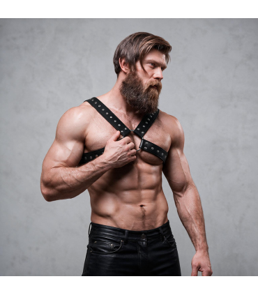 FETISH SUBMISSIVE ATTITUDE MENS CROSS OVER ECO LEATHER CHEST HARNESS WITH STUDS