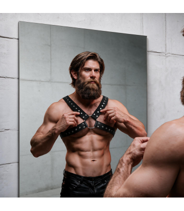 FETISH SUBMISSIVE ATTITUDE MENS CROSS OVER ECO LEATHER CHEST HARNESS WITH STUDS