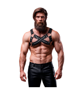 FETISH SUBMISSIVE ATTITUDE ADJUSTABLE NEOPRENE CROSS OVER CHEST BULLDOG HARNESS WITH ZIPPERS FOR MEN