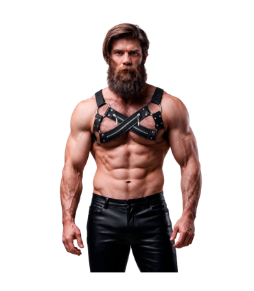 FETISH SUBMISSIVE ATTITUDE ADJUSTABLE NEOPRENE CROSS OVER CHEST BULLDOG HARNESS WITH ZIPPERS FOR MEN