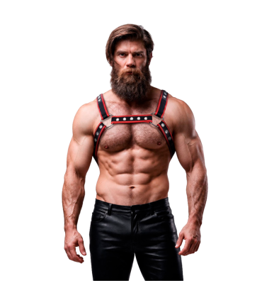 FETISH SUBMISSIVE ATTITUDE MENS ECO LEATHER CHEST BULLDOG HARNESS BLACK RED