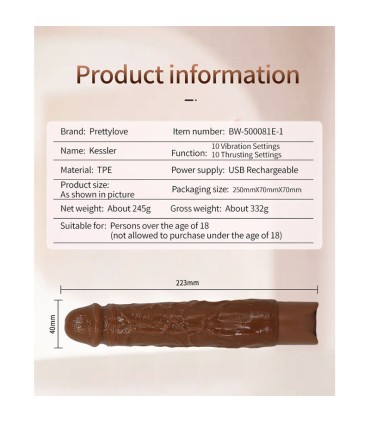 PRETTY LOVE KESSLER REALISTIC VIBRATING DILDO WITH 10 VIBRATION MODES AND 10 THROWS 22 CM BROWN
