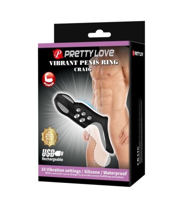 PRETTY LOVE CRAIG RECHARGEABLE VIBRATING PENIS RING BLACK