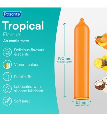 PASANTE TROPICAL MANGO PINEAPPLE AND COCONUT FLAVOURED CONDOMS 53 MM 144 UNITS