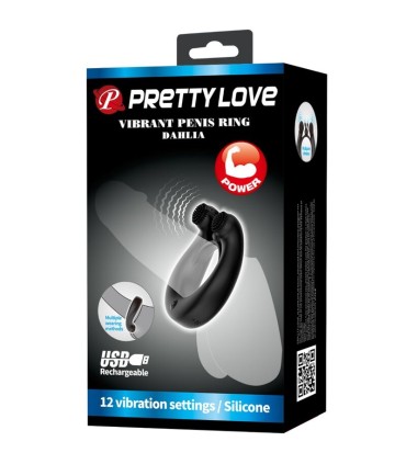 PRETTY LOVE DAHLIA ANILLO VIBRADOR ESTIMULADOR DE CLITOIS 12 VIBRACIONES NEGRO