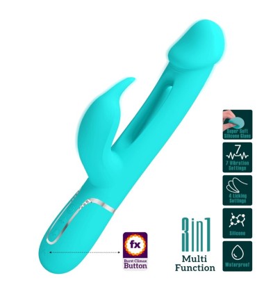 PRETTY LOVE KAMPAS VIBRADOR RABBIT 3 EN 1 MULTIFUNCION CON LENGUA VERDE AGUA