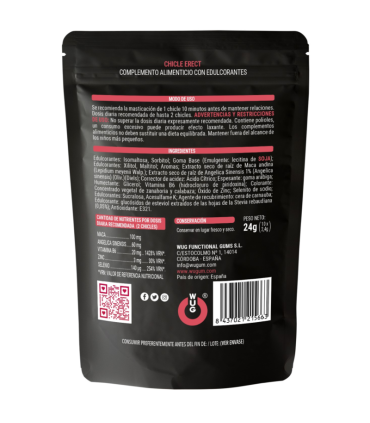 WUG ERECT Chicle funcional con Maca Zinc y Vitaminas para potenciar la energia y el rendimiento masculino