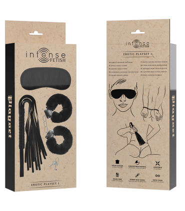 INTENSE FETISH SET EROTICO 1 CON ESPOSAS ANTIFAZ Y LATIGO DE CUERO VEGANO