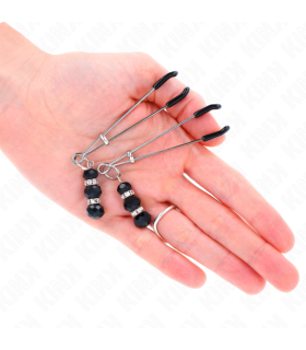 KINK PINZAS PARA PEZONES PLATEADA FINA CON TRIPLE BOLA DE VIDRIO NEGRO 7 CM
