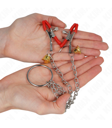 KINK PINZAS PARA PEZONES Y CLITORIS ROJAS CON CASCABEL DORADO Y CADENA 30 CM