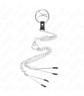 KINK ANILLO PENE TRIPLE METAL CROMADO 38 CM A 5 CM CADENA METAL 26 CM Y PINZAS PARA PEZONES MODELO 2