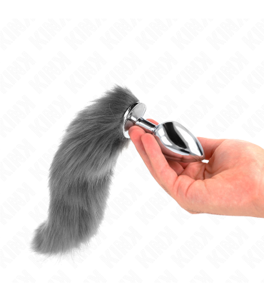 KINK PLUG ANAL TALLA L 10 X 4 CM CON COLA SINTETICA 40 CM PLATEADO Y BLANCO