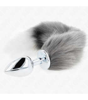 KINK PLUG ANAL TALLA L 10 X 4 CM CON COLA SINTETICA 40 CM PLATEADO Y BLANCO