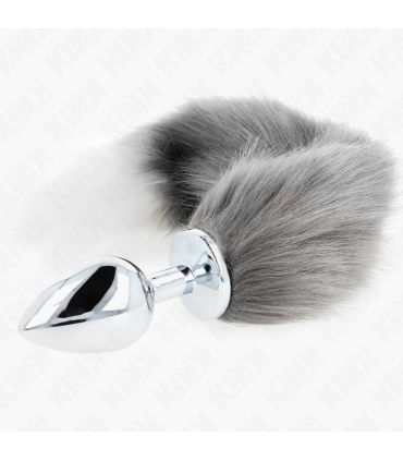 KINK PLUG ANAL TALLA L 10 X 4 CM CON COLA SINTETICA 40 CM PLATEADO Y BLANCO