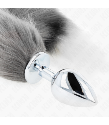 KINK PLUG ANAL TALLA L 10 X 4 CM CON COLA SINTETICA 40 CM PLATEADO Y BLANCO