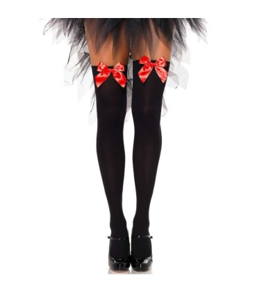 LEG AVENUE MEDIAS ALTAS NEGRAS CON LACITO ROJO TALLA UNICA