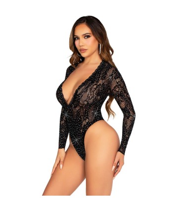 LEG AVENUE BODY DE ENCAJE Y MANGA LARGA CON DIAMANTES NEGRO TALLA UNICA
