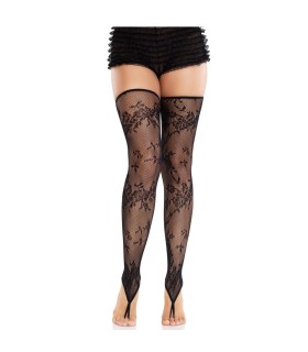 LEG AVENUE MEDIAS SIN PIES DE ENCAJE FLORAL NEGRO