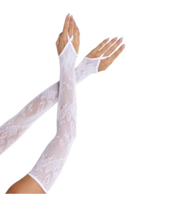 LEG AVENUE GUANTES EXTRALARGOS CALIENTABRAZOS DE ENCAJE FLORAL BLANCO