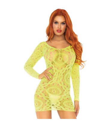 LEG AVENUE MINI VESTIDO DE ENCAJES MANGA LARGA NEON TALLA UNICA