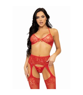 LEG AVENUE SET TRES PIEZAS SUJETADOR TANGA Y MEDIAS TALLA UNICA ROJO