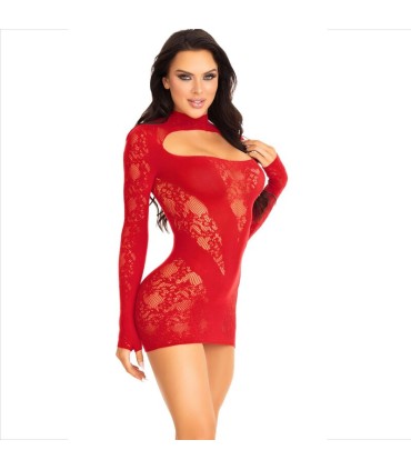 LEG AVENUE MINI VESTIDO DE ENCAJE CON MANGA LARGA ROJO