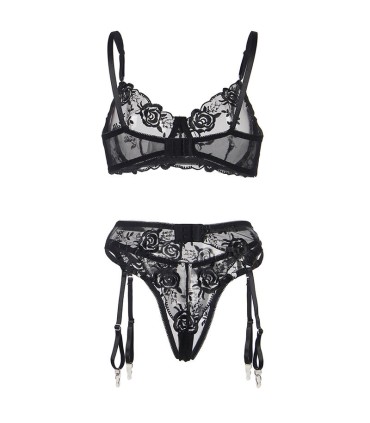 SUBBLIME SET DE 3 PIEZAS SUJETADOR TANGA LIGA ESTAMPADO FLORAL NEGRO S M