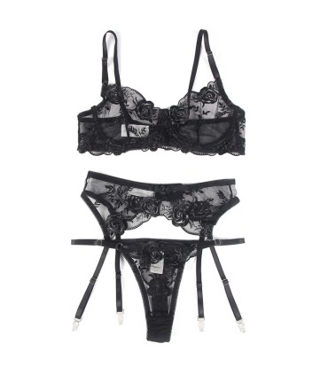 SUBBLIME SET DE 3 PIEZAS SUJETADOR TANGA LIGA ESTAMPADO FLORAL NEGRO L XL