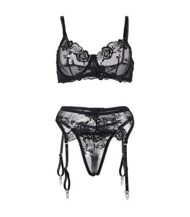 SUBBLIME SET DE 3 PIEZAS SUJETADOR TANGA LIGA ESTAMPADO FLORAL NEGRO L XL
