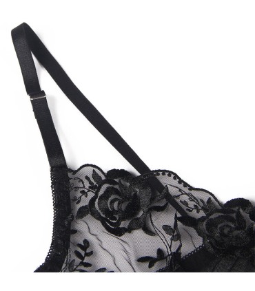 SUBBLIME SET DE 3 PIEZAS SUJETADOR TANGA LIGA ESTAMPADO FLORAL NEGRO L XL