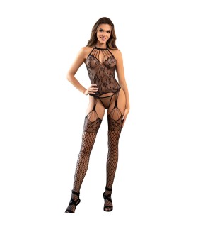 SUBBLIME 952136 BODYSTOCKING CROTCHLESS DE REJILLA CON DETALLES FLORALES Y CUELLO HALTER NEGRO TALLA UNICA