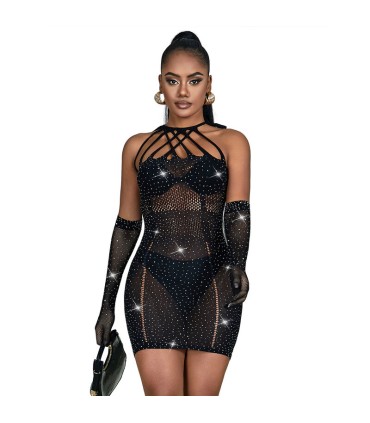 SUBBLIME 952235 VESTIDO DE REJILLA CON BRILLANTES NEGRO TALLA UNICA