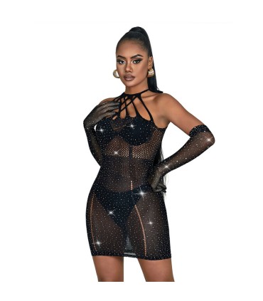 SUBBLIME 952235 VESTIDO DE REJILLA CON BRILLANTES NEGRO TALLA UNICA