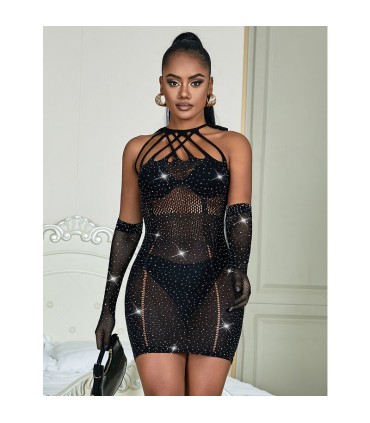 SUBBLIME 952235 VESTIDO DE REJILLA CON BRILLANTES NEGRO TALLA UNICA