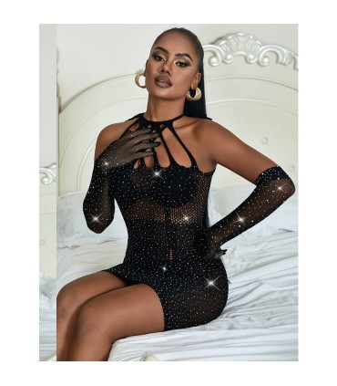 SUBBLIME 952235 VESTIDO DE REJILLA CON BRILLANTES NEGRO TALLA UNICA