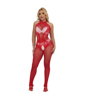 SUBBLIME 952372 BODYSTOCKING CROTCHLESS DE REJILLA Y ENCAJE CON CUELLO ALTO ROJO TALLA UNICA