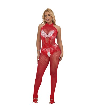 SUBBLIME 952372 BODYSTOCKING CROTCHLESS DE REJILLA Y ENCAJE CON CUELLO ALTO ROJO TALLA UNICA