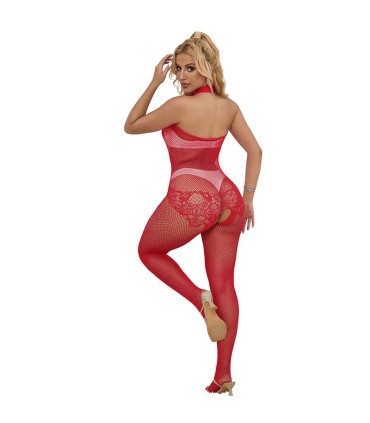 SUBBLIME 952372 BODYSTOCKING CROTCHLESS DE REJILLA Y ENCAJE CON CUELLO ALTO ROJO TALLA UNICA