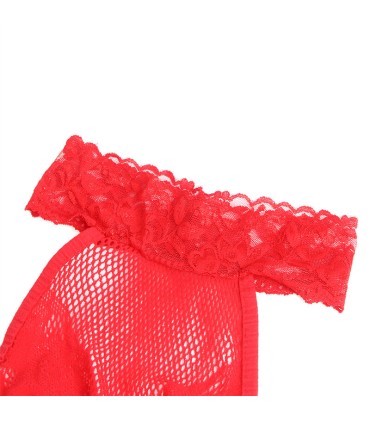 SUBBLIME 952372 BODYSTOCKING CROTCHLESS DE REJILLA Y ENCAJE CON CUELLO ALTO ROJO TALLA UNICA