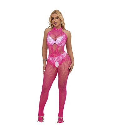 SUBBLIME 952389 BODYSTOCKING CROTCHLESS DE REJILLA Y ENCAJE CON CUELLO ALTO ROSA TALLA UNICA
