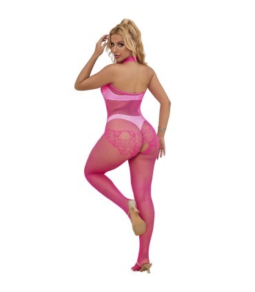 SUBBLIME 952389 BODYSTOCKING CROTCHLESS DE REJILLA Y ENCAJE CON CUELLO ALTO ROSA TALLA UNICA
