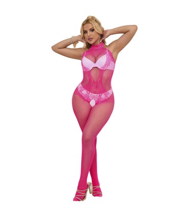 SUBBLIME 952389 BODYSTOCKING CROTCHLESS DE REJILLA Y ENCAJE CON CUELLO ALTO ROSA TALLA UNICA