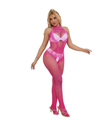 SUBBLIME 952389 BODYSTOCKING CROTCHLESS DE REJILLA Y ENCAJE CON CUELLO ALTO ROSA TALLA UNICA