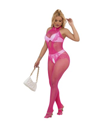 SUBBLIME 952389 BODYSTOCKING CROTCHLESS DE REJILLA Y ENCAJE CON CUELLO ALTO ROSA TALLA UNICA